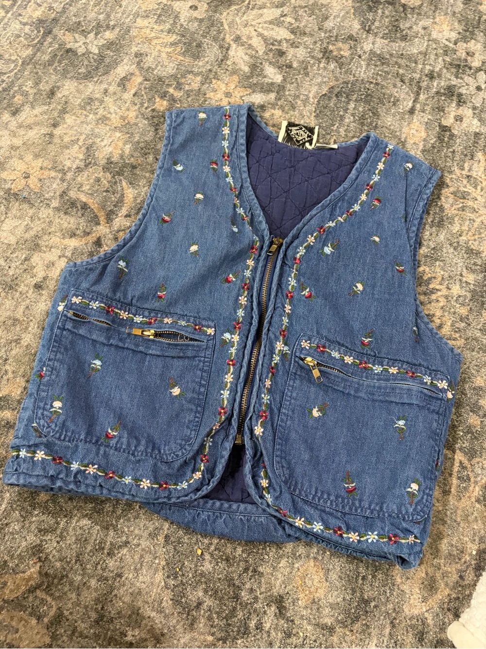 Quilt-Lined Embroidered Denim Vest - Blue
